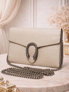 Authentic Gucci Dionysus Chain Wallet White Leather Shoulder Bag